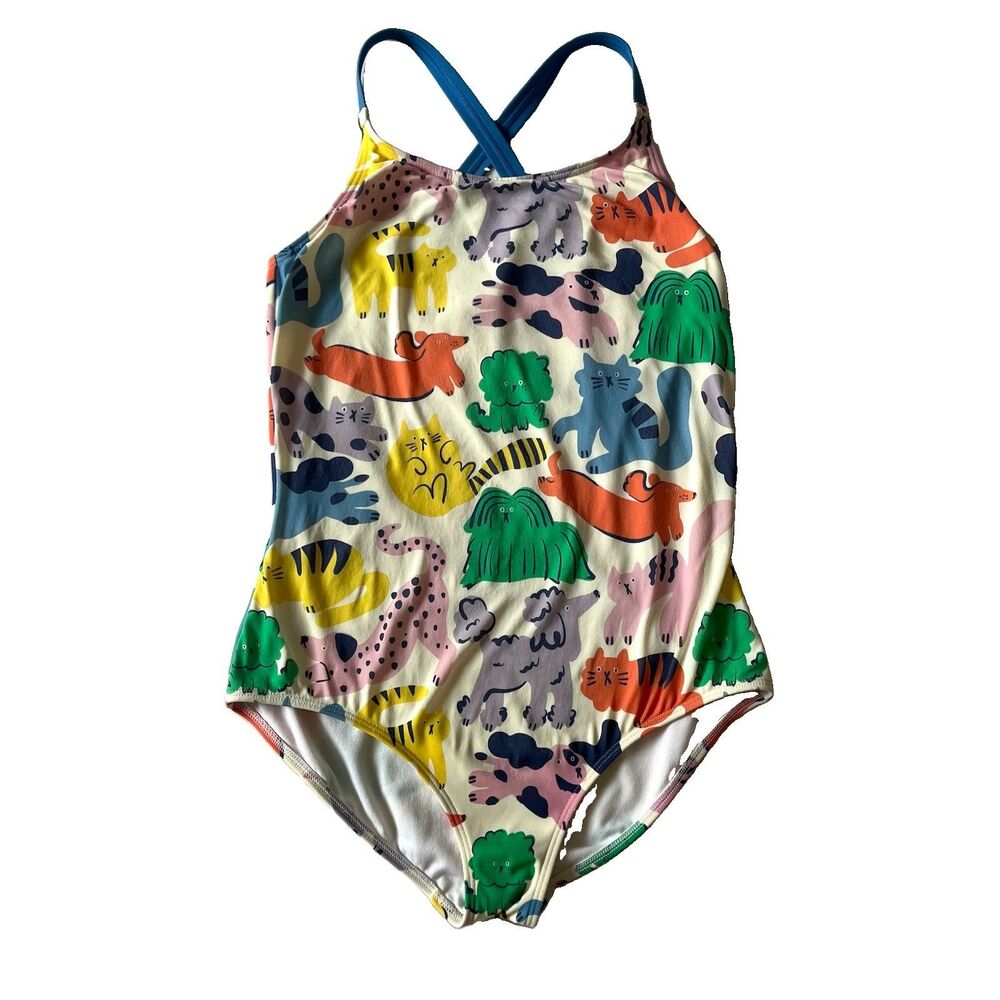 Mini Boden Cross Back One Piece Swimsuit Girls Size 11-12 Dog Cat Colorful White